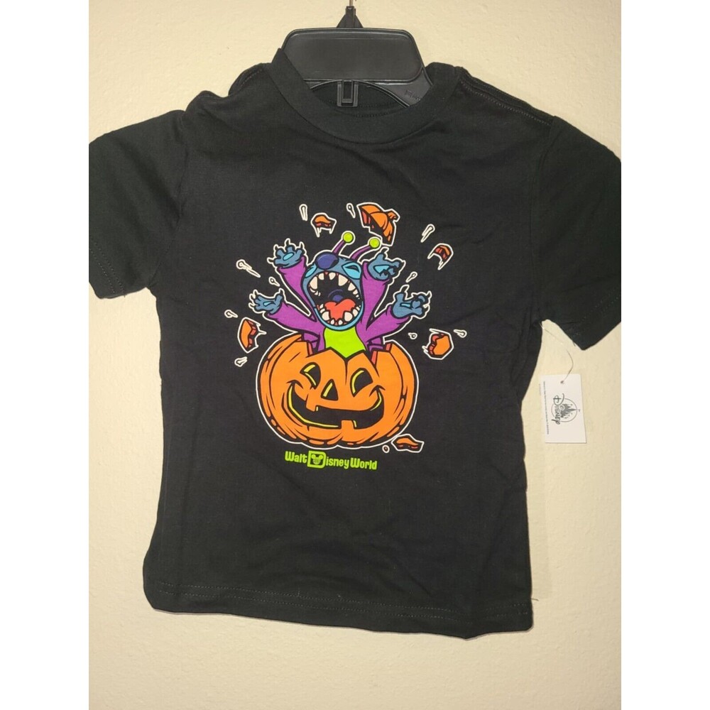 2024 Disney WDW Stitch Pumpkin Halloween Black SS T-Shirt Kids Sz 5/6 Small NEW